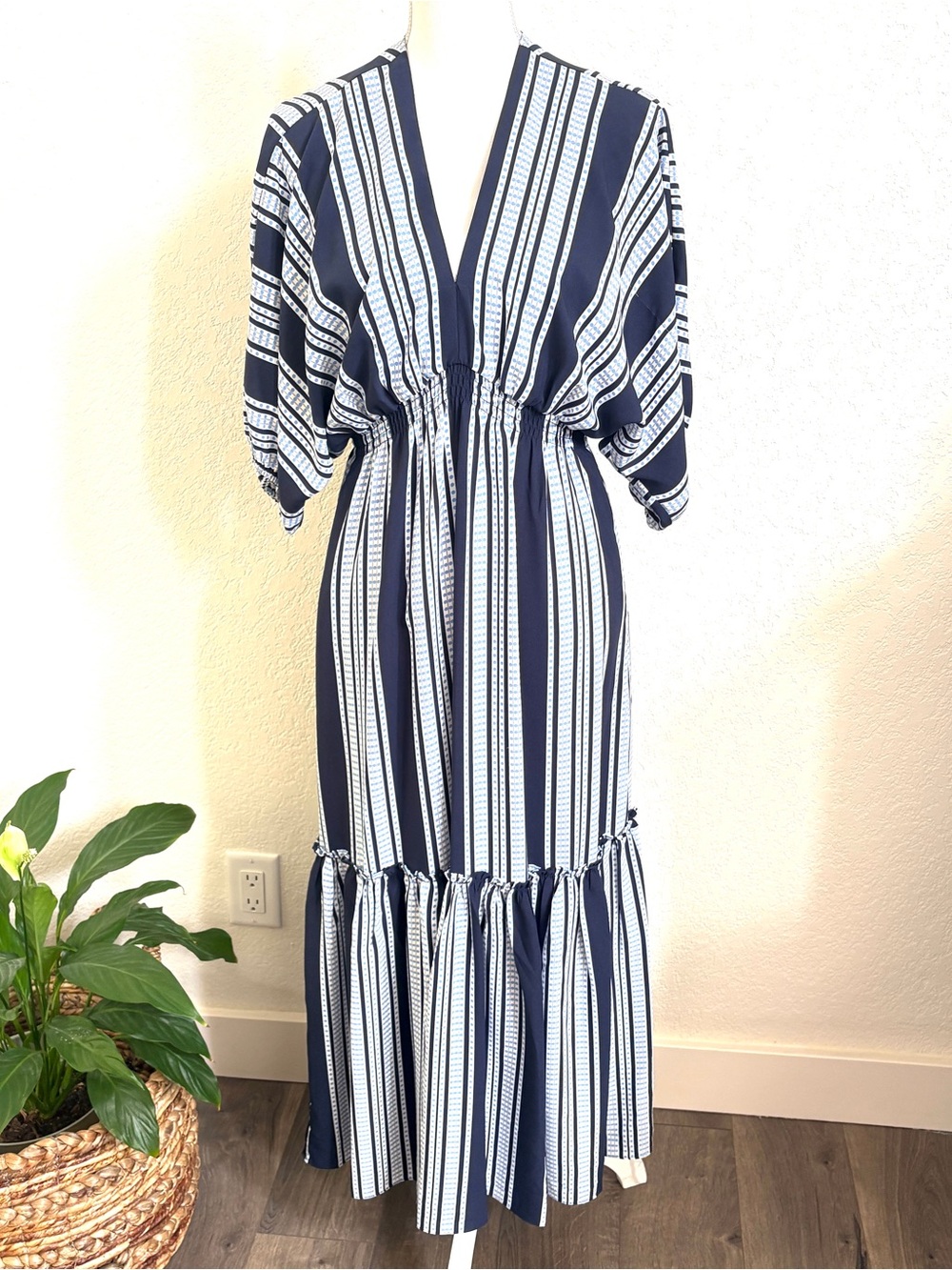 Taylor Navy and White Striped V-Neck Maxi Dress 4